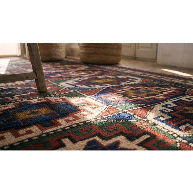 1890s Multicolor Tribal Grid Caucasian Kazak Moghan Rug 4'6" X 7' Handknotted Wool Carpet For Sale - Image 9 of 9