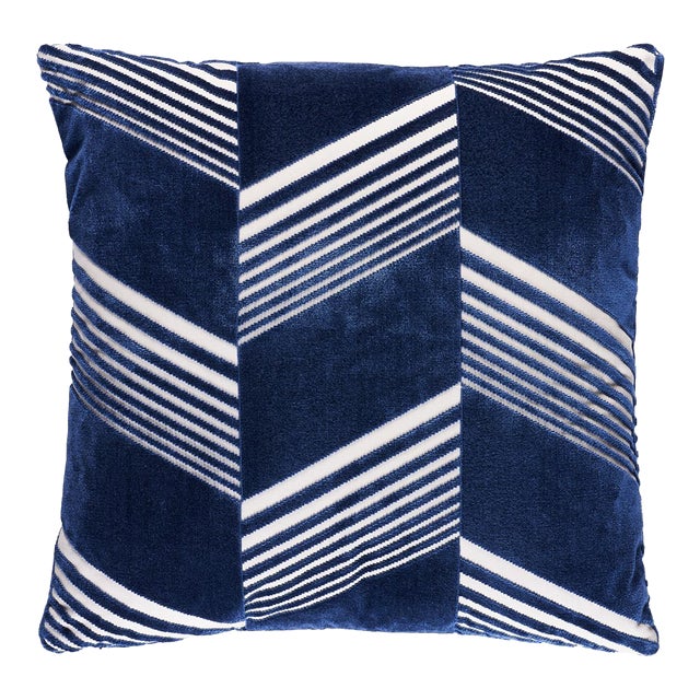 Schumacher x Victor Glemaud Jessie Cut Velvet 22" Pillow In Navy on White For Sale