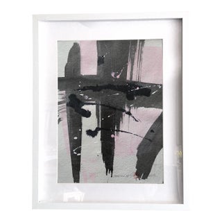 Traction. VI White Framed Abstract Black Strokes /Pink Painting For Sale