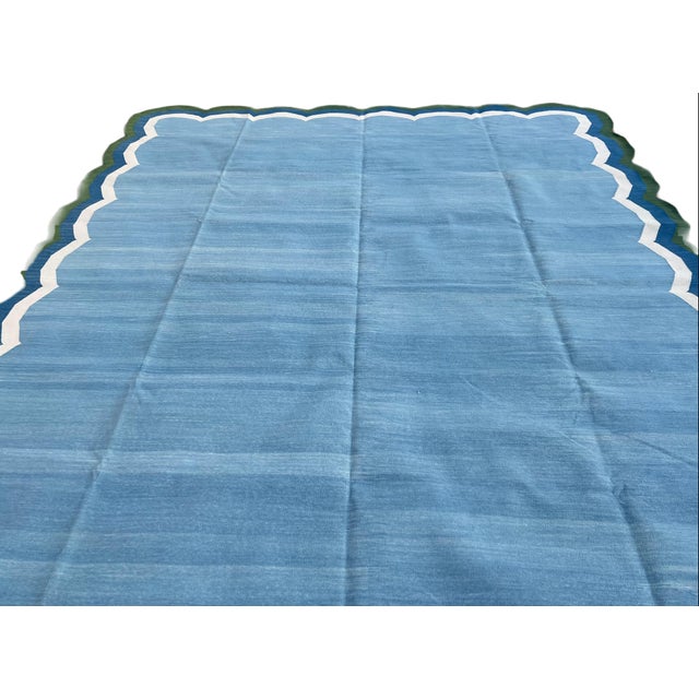Sky Blue Not Yet Made - Made To Order Handmade Cotton Vegetable Dyed Scalloped Edge Rug Sky Blue With Forest Green Border - 9'x12' For Sale - Image 8 of 11