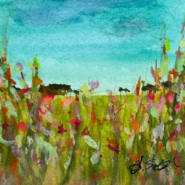 Contemporary Original Contemporary Wildflower Landscape Watercolor Painting Framed Signed 10x13 For Sale - Image 3 of 10