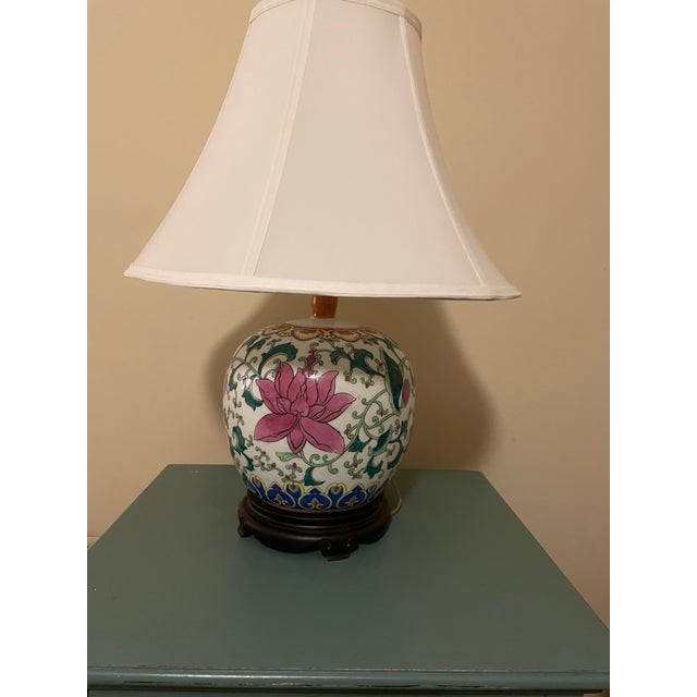 This is such a gorgeous lamp! Adds a pretty pop of color to your home. Gorgeous rosewood base, deep rose pink peony ginger...