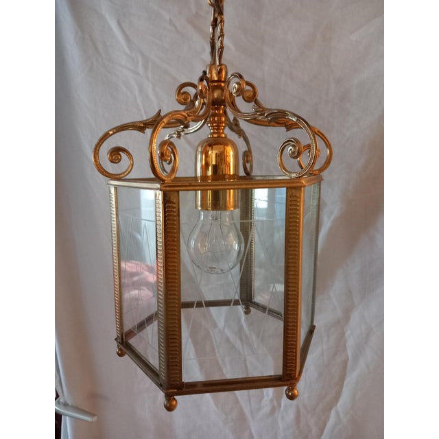 Brass and Cut Glass Hexagon Lantern Pendant Lamp, 1940s For Sale - Image 15 of 15