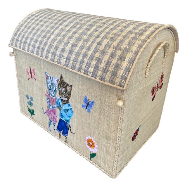Textile Whimsical Hand-Painted Raffia Anthropomorphic Cat Motif Toy Box For Sale - Image 7 of 12