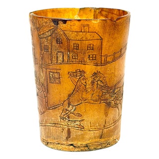 English Georgian Satirical Cow Horn Beaker Royal Coach Attacked Heraldic Lion For Sale