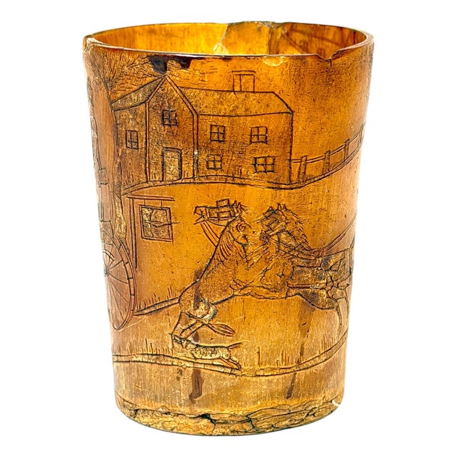 English Georgian Satirical Cow Horn Beaker Royal Coach Attacked Heraldic Lion For Sale