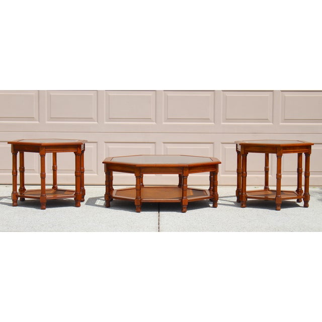 Stunning Mid-Century Modern Table Set featuring a rare octagonal glass top coffee table paired with two matching hexagonal...