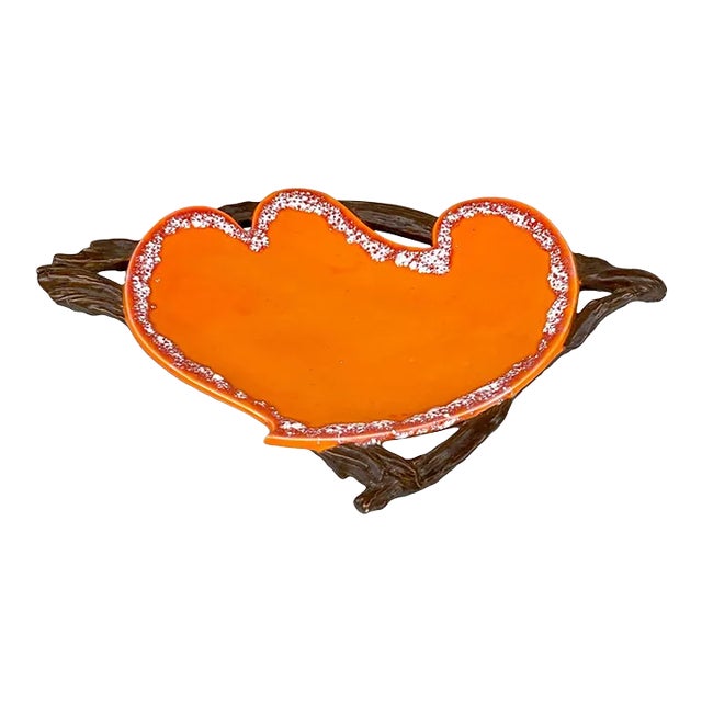 Mid-Century Atomic Porcelain Orange Wood Centerpiece Serving Platter For Sale