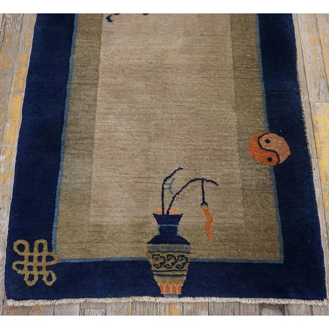 1920s Beige Minimalist Symbols Antique Chinese Peking Carpet 2'6"x 11'6" Knotted Wool Rug Runner For Sale - Image 9 of 12