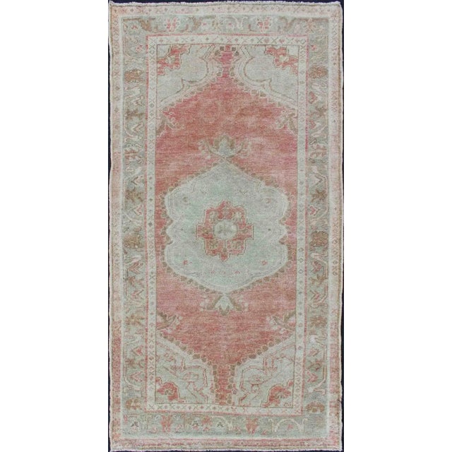 Vintage Turkish Oushak Medallion Rug in Soft Coral, Mint Green, and Beige Tones For Sale - Image 13 of 13