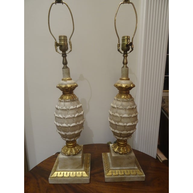 1980s Vintage Gilt and Pickled Wood Carved Lamps - a Pair For Sale - Image 5 of 9
