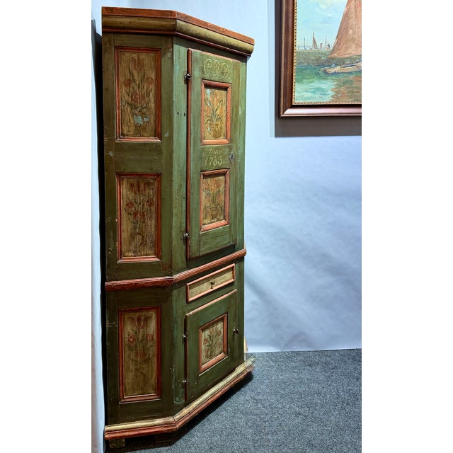 Rustic Late 18th Century Swedish Blue-Green Painted Folk Art Corner Cabinet For Sale - Image 3 of 18