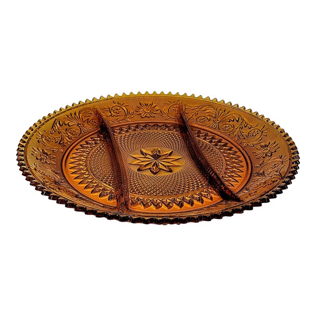 Mid-Century Modern Indiana Amber Glass Relish Platter For Sale