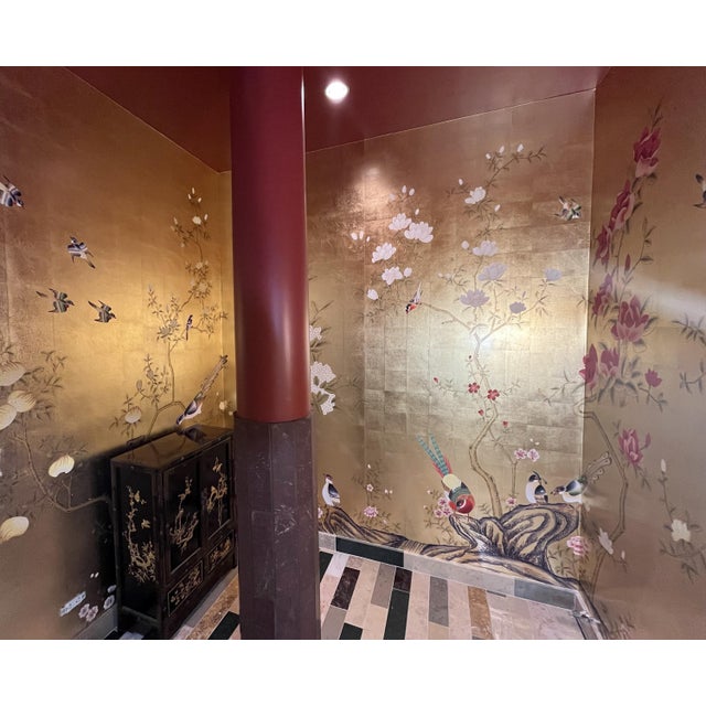 Chinoiserie Hand Painted Gold Leaf Chinoiserie Wallpaper Panels, Birds & Magnolia Floral Mural, Set of 2 Panels, Custom Size Available For Sale - Image 3 of 5