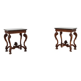 Napoleon III Style Carved Walnut Side Tables with Bluestone Tops, 1890s, Set of 2 For Sale