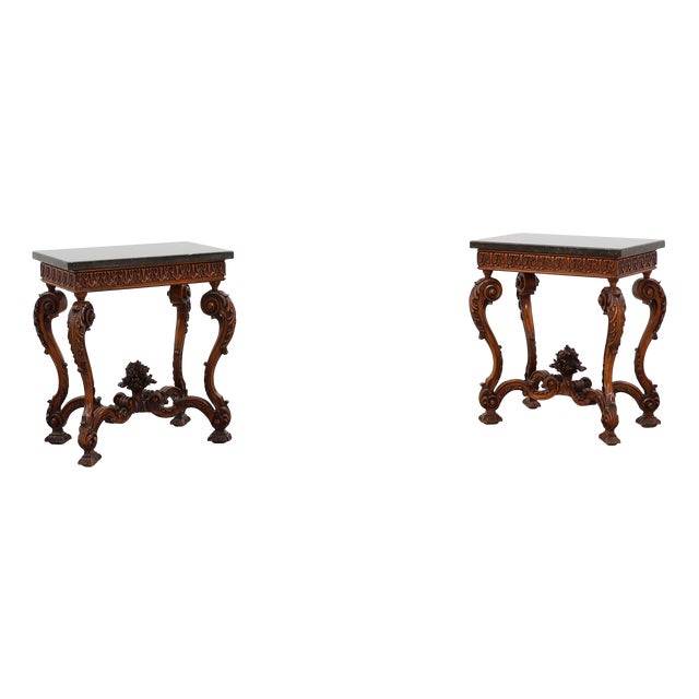 Napoleon III Style Carved Walnut Side Tables with Bluestone Tops, 1890s, Set of 2 For Sale