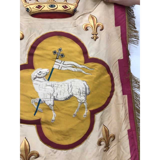 Dark Pink Antique French Hand-Decorated Silk Wall Flag For Sale - Image 8 of 12