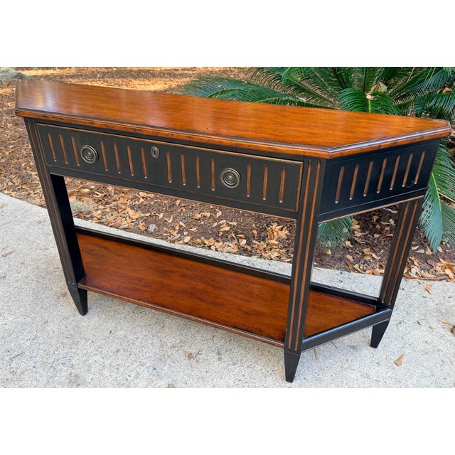 Woodbridge Furniture Blackened Stain and Walnut Demi-Lune Console Table by Woodbridge Furniture For Sale - Image 4 of 12
