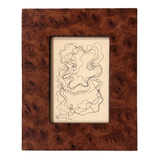 Original Vintage Abstract Wayne Cunningham Ink Drawing Burled Wood Frame For Sale