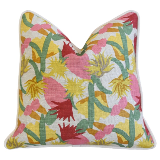 Designer French Colorful Floral Linen Feather/Down Pillow 15" Square For Sale - Image 4 of 7