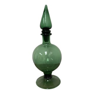 Italian Hand Blown Green Vessel With Stopper For Sale