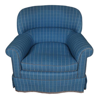 Large Fine Club Chair With Swivel in Blue Fabric For Sale
