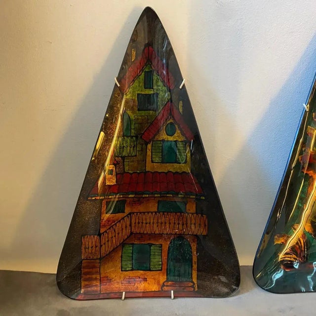 1950s, Set of Two Mid-Century Modern Paintings on Mural Triangular Glass Plates For Sale - Image 9 of 13