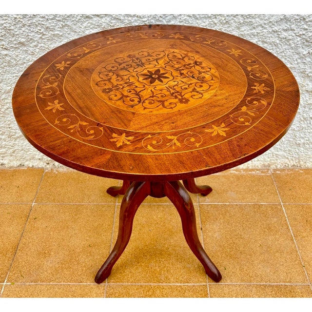 Mid Century Walnut With Marquetry Round Side Table, 1950s For Sale - Image 4 of 9