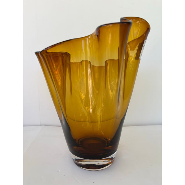Polish Handblown Amber Artglass Freeform Rim Vase – 9.75” For Sale - Image 4 of 8