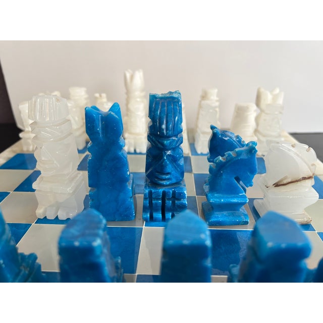 Vintage Blue and White Hand Carved Onyx Aztec Design Chess Set For Sale - Image 9 of 12