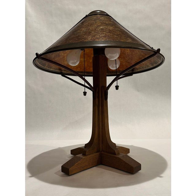 Late 20th Century Arts & Crafts Style Oak, Copper And Mica Lamp By Warren Hile Studio For Sale - Image 4 of 8