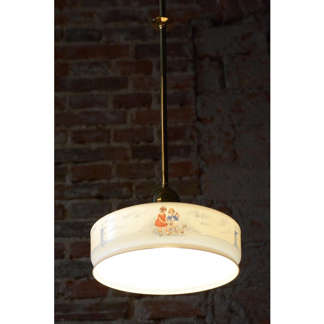 Gold Art Deco Pendant Light in Brass and Painted Glass, Czech, 1930s For Sale - Image 8 of 11