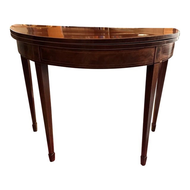 Antique Circa 1780 George III Felt Top Demilune Inlaid Mahogany Game Table For Sale