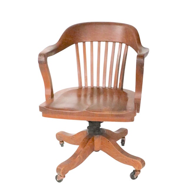 Wood Early 20th Century Oak Bank of England Jury Style Swivel Desk Chair For Sale - Image 7 of 14