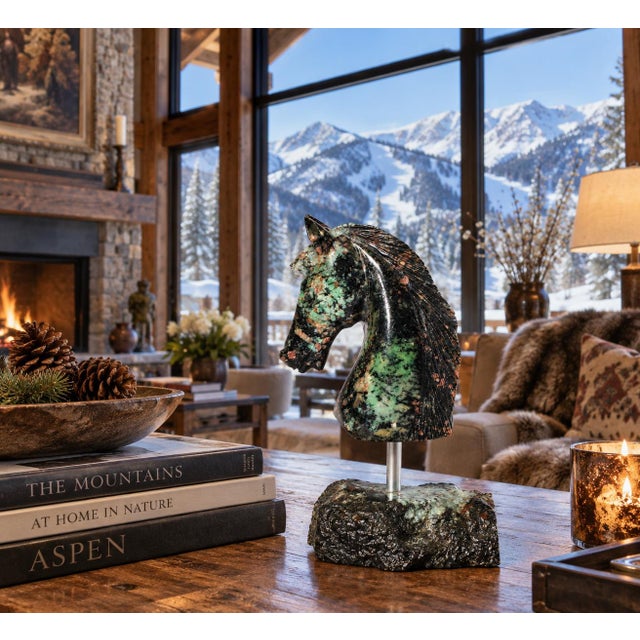 Figurative Gemstone Emerald Horse Bust Statue Hand Carved Horse Rock Base For Sale - Image 3 of 12
