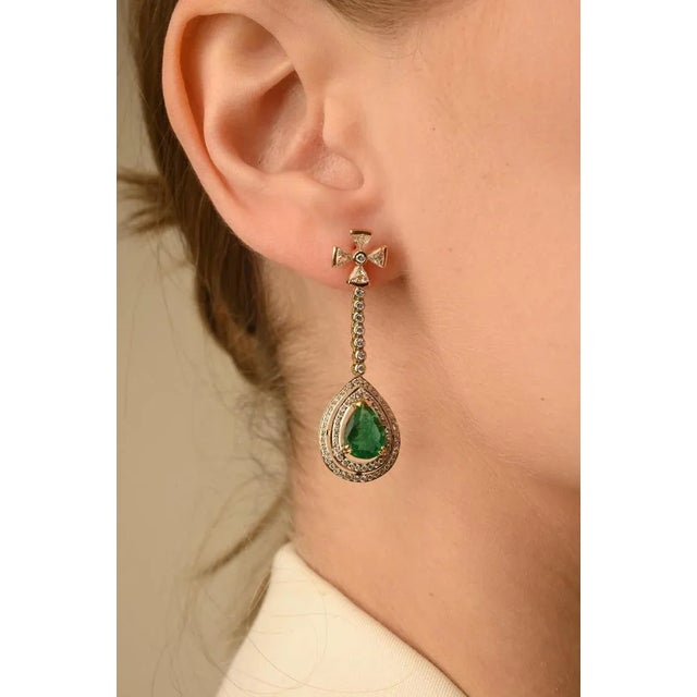 Statement Diamond Natural Emerald Dangle Drop Earrings 14k Solid Yellow Gold- 2 Pieces For Sale In New York - Image 6 of 11