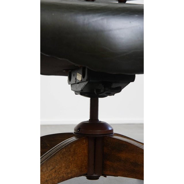 Dark Green Cowhide and Wooden Height Adjustable Swivel and Tilt Chesterfield Office Chair For Sale - Image 13 of 17
