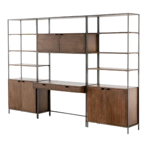 Four Hands Trey Modular Wall, 2 Bookcase, Desk, Auburn