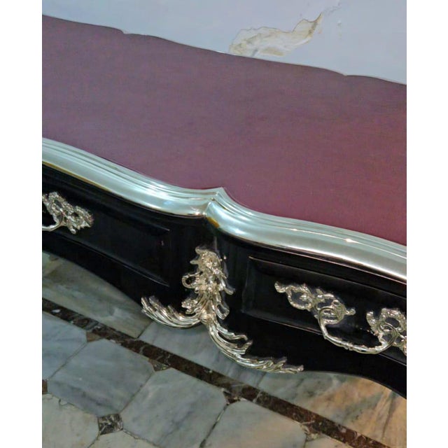 French Louis XV Writing Desk With Burgundy Top & Ornate Bronze Mounts & Silver Leaf For Sale - Image 4 of 6