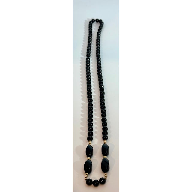 Arts & Crafts Round 8 MM Bead Black Onyx & 14 Karat Gold Bead Necklace 32 Inch Long For Sale - Image 3 of 18