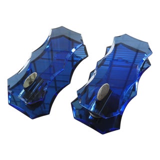 Vintage Cristal Art Cobalt Blue Glass Wall Lights, 1970s, Set of 2 For Sale