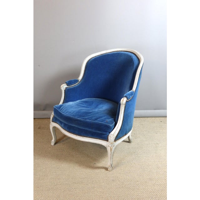 Wood Louis XV Lounge Chair in Blue Velvet For Sale - Image 7 of 11