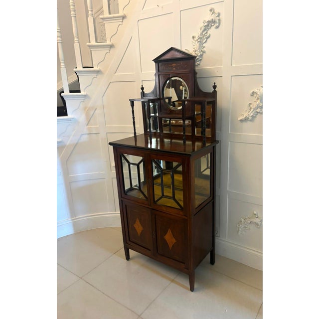 1900 - 1909 Antique Edwardian Satinwood Inlaid Mahogany Display Cabinet with Mirror Back, 1900 For Sale - Image 5 of 12