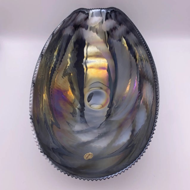 Glass Vintage Murano Art Glass Shell Bowl – Sculptural Italian Black & Clear Ribbed Glass Catchall For Sale - Image 7 of 12