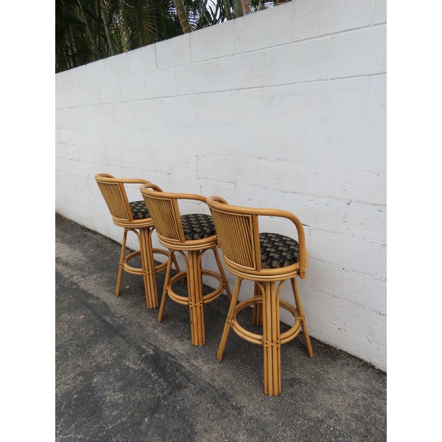 Hollywood Regency Swivel Bamboo Rattan Barstools a Set of Three 6380 For Sale - Image 11 of 17