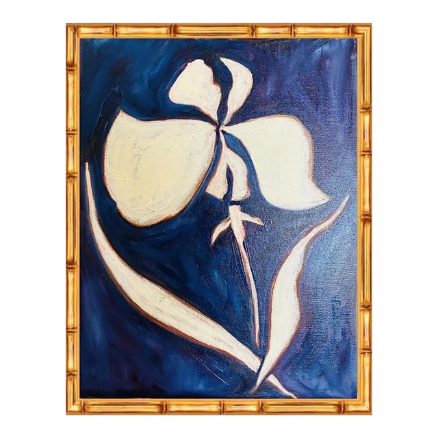 Original Iris Flower Painting in Gold Bamboo Frame, Oil on Canvas, 11" X 14" by Tatiana Duperault For Sale