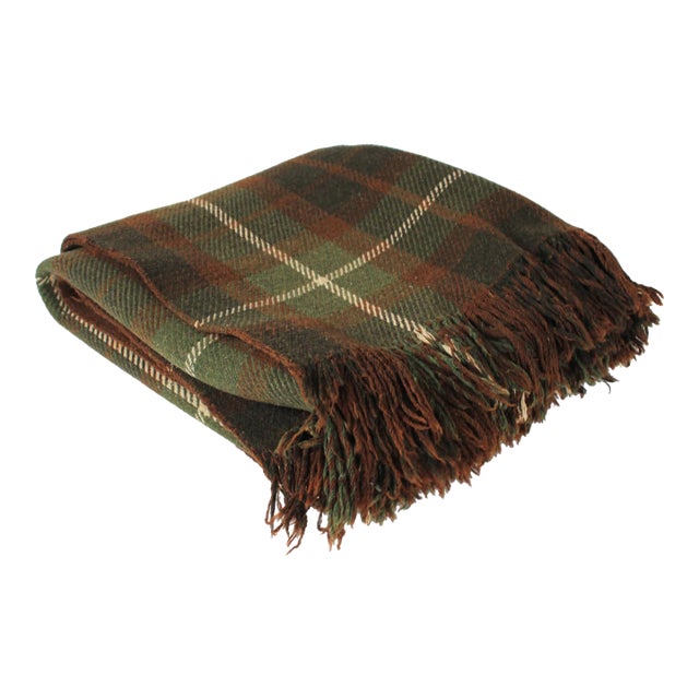 Vintage Army Green & Brown Plaid Wool Blanket For Sale