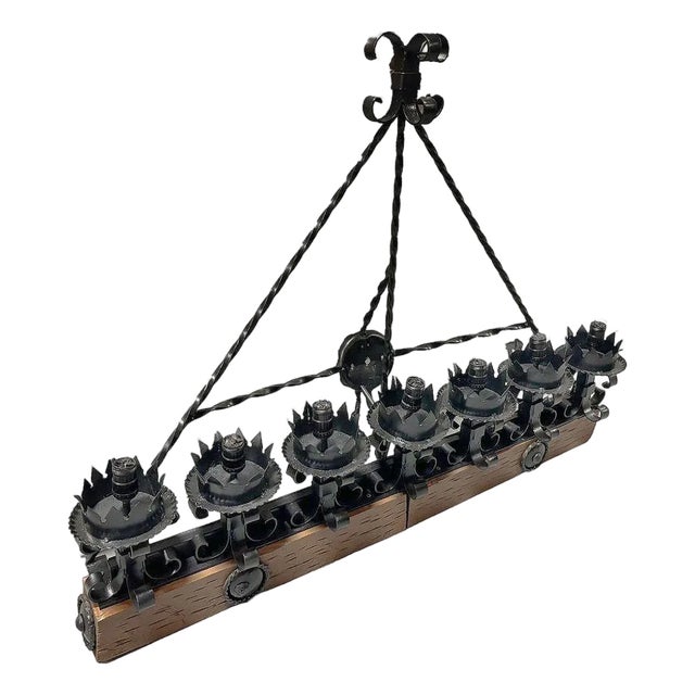 Spanish Revival Wrought Iron 7-Light Wood Beam Grand Wall Sconce For Sale