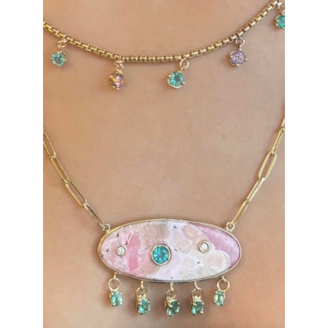 Gold Emerald & Pink Spinel Fringe Necklace, 14k Gold For Sale - Image 8 of 10