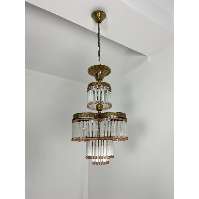 Art Deco 4-Light Chandelier in Brass and Glass, 1940s For Sale - Image 4 of 8